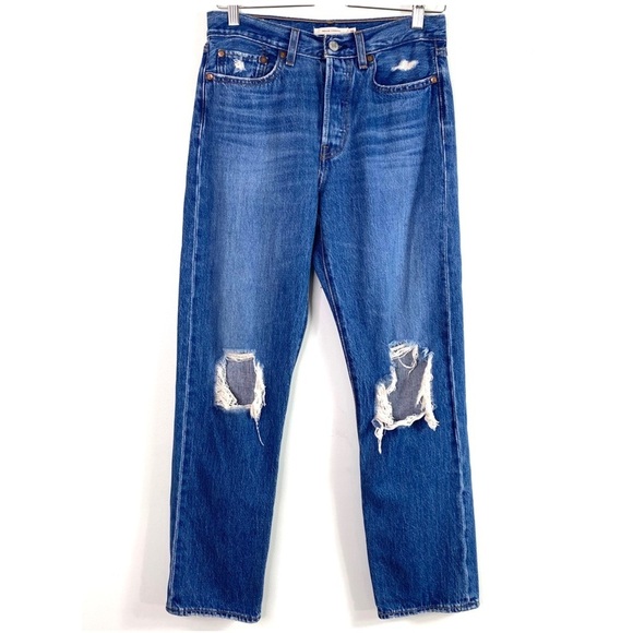 LEVI’S Premium Wedgie Straight High Rise Jeans Distressed in Medium Washed Sz 28 - Picture 2 of 11